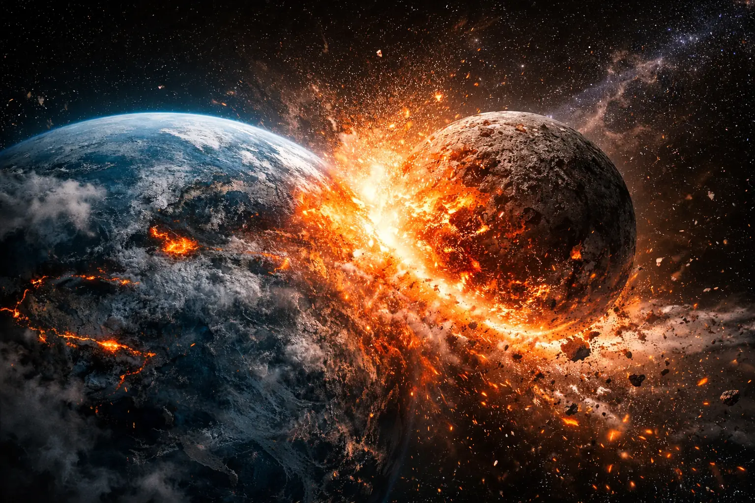 Fotorealističan prikaz rane Zemlje tijekom katastrofalnog događaja u kojem se materijal iz njezine unutrašnjosti izbacuje u orbitu, u skladu s alternativnim modelima nastanka Mjeseca. Zasluge: Kozmos.hr.