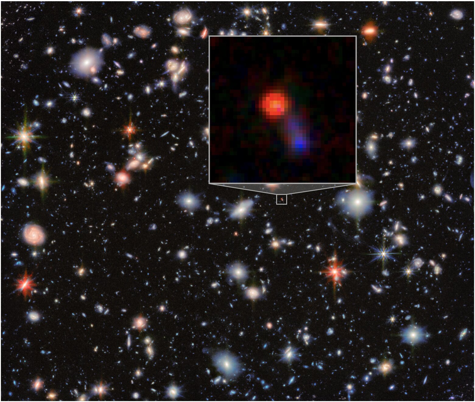 Poznata snimka Hubble eXtreme Deep Field, koja obuhvaća iznimno mali dio neba, manji od jedne desetine prividne površine punog Mjeseca, otkrila je tisuće galaksija, uključujući objekte iz najranijeg razdoblja svemira. Svemirski teleskop James Webb promatrao je isto područje tijekom tri godine. Istraživači sa Sveučilišta u Arizoni dodatno su se usredotočili na galaksiju opisanu u ovom istraživanju (umetak), snimljenu u vrijeme kada je svemir bio star svega 800 milijuna godina. Tim je utvrdio da je već u toj ranoj fazi u njezinu središtu postojala supermasivna crna rupa, zaklonjena gustim slojevima prašine. Zasluge: ESA/Webb, NASA i CSA, G. Östlin, P. G. Perez-Gonzalez, J. Melinder, suradnja JADES, M. Zamani (ESA/Webb).