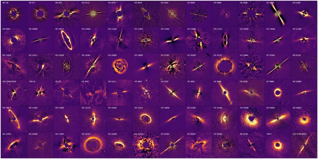 Ova slika prikazuje mrežu koloristički pojačanih astronomskih opažanja, pri čemu je u svakom polju prikazan cirkustelarni disk, odnosno struktura prašine i plina koja okružuje zvijezdu. Svaki kvadrat predstavlja drugi zvjezdani sustav označen kataloškim imenima poput "HD 105", "HD 377" ili "TWA 25". Diskovi se znatno razlikuju po obliku, veličini i orijentaciji. Neki izgledaju kao jasno definirani prstenovi, dok drugi imaju izdužene ili nepravilne oblike. Paleta boja, u kojoj dominiraju ljubičasti i narančasti tonovi, naglašava sjaj i kontrast kako bi se istaknuli strukturni detalji. Ta vizualna raznolikost odražava različita fizička svojstva i razvojne faze zvjezdanih sustava te pruža vrijedan uvid u procese formiranja planeta i evoluciju zvijezda. Zasluge: N. Engler i sur./SPHERE Consortium/ESO