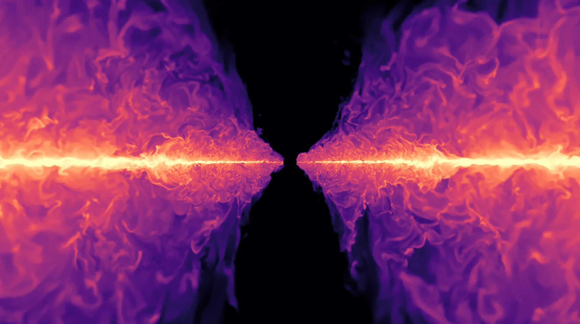 Blizu crne rupe (prikazane u središtu) akrecijski tok oblikuje gust, tanak termalni disk uronjen u magnetski pretežnu ovojnicu koja stabilizira cijeli sustav. Tok je pod snažnim utjecajem zračenja i izrazito je turbulentan, no središnja struktura termalnog diska (žuto) ostaje iznenađujuće stabilna. Izvor: L. Zhang i sur.