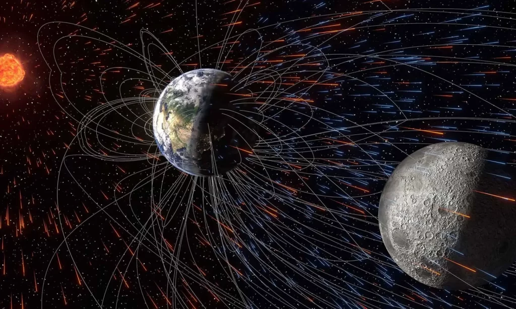 Sunčev vjetar (žuto-narančasti tragovi) izdvaja ione iz gornjih slojeva Zemljine atmosfere (svijetloplavi tragovi). Dio tih čestica kreće se duž silnica Zemljina magnetskog polja (pune bijele krivulje) i taloži se na površini Mjeseca. Taj proces može ostaviti u mjesečevu tlu zapis o sastavu Zemljine atmosfere. Izvor: ilustracija Sveučilišta Rochester / Shubhonkar Paramanick