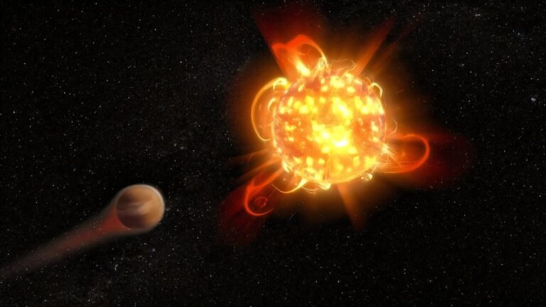 Na ovoj ilustraciji snažni bljeskovi crvenog patuljka odnose atmosferu planeta koji kruži oko te zvijezde. Astronomi nastoje utvrditi sprječava li takva razina zvjezdane aktivnosti da egzoplaneti oko crvenih patuljaka budu nastanjivi. Buduće istraživanje egzoplaneta oko tih zvijezda, koje će provoditi Extremely Large Telescope, moglo bi ponuditi odgovor, no početak opažanja očekuje se tek za nekoliko godina. Zasluge: NASA, ESA i D. Player (Space Telescope Science Institute)