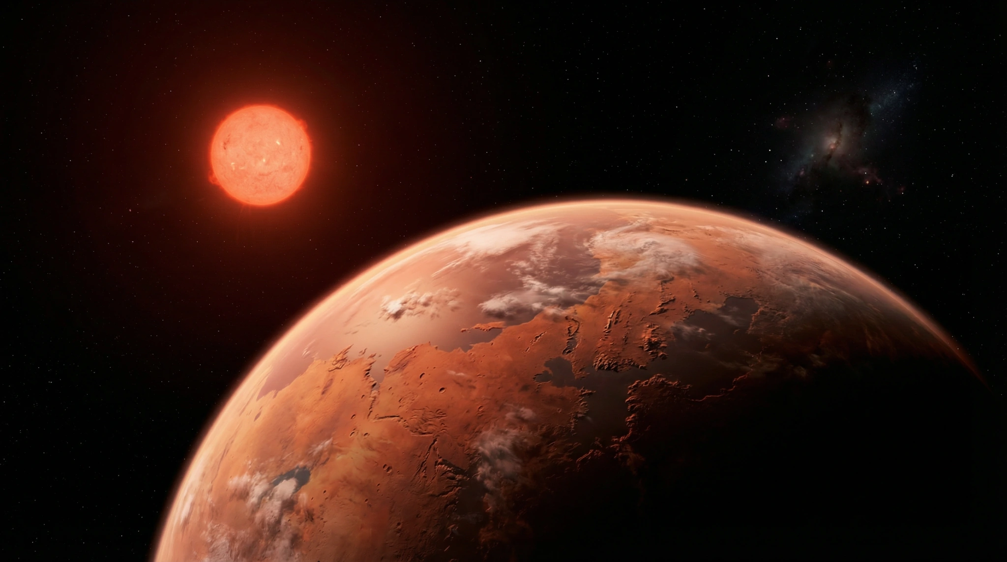 Ilustracija planeta nalik Marsu koji kruži oko crvenog patuljka; zvijezda sjaji crveno u tamnom svemiru, planet je djelomično u sjeni.