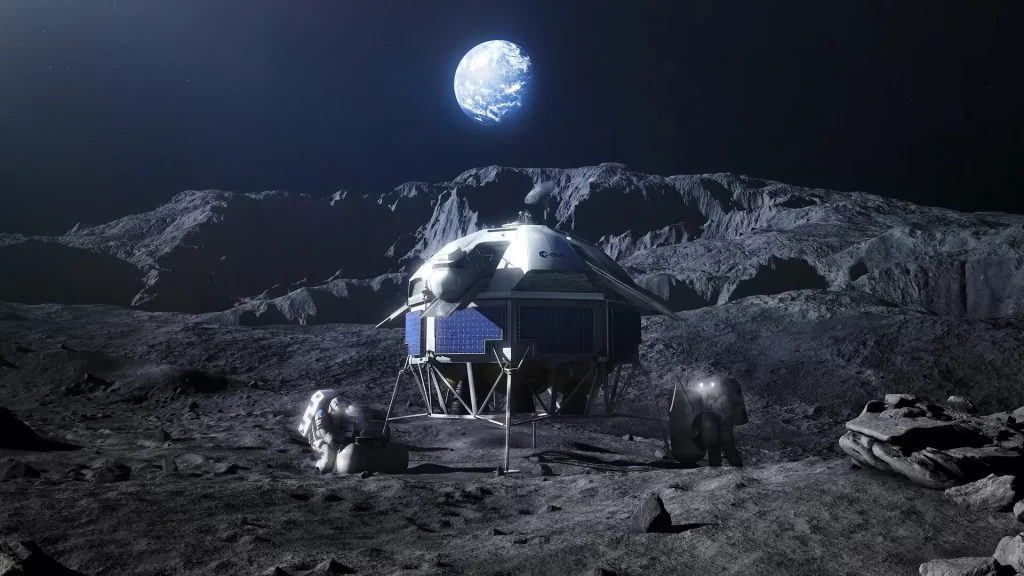 Vizualizacija lunarne letjelice iz programa Argonaut Europske svemirske agencije, čija je prva misija na Mjesec planirana za 2030. Metan koji oslobađaju letjelice ovog tipa mogao bi onečistiti ledena područja na polovima Mjeseca koja bi mogla sadržavati tragove o podrijetlu života na Zemlji. Izvor: ESA