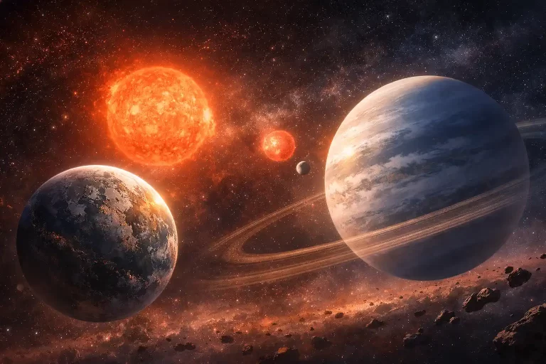 Hiperrealistična ilustracija dvaju egzoplaneta oko crvenih patuljaka: lijevo stjenoviti planet veličine Zemlje, desno veći sub-Neptun s gustom atmosferom, u pozadini zvijezde i međuzvjezdani prostor.