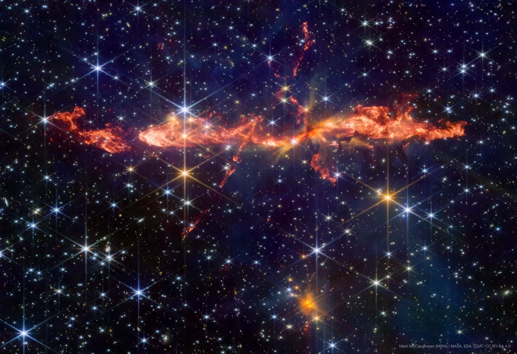 HH288_JWST. Zasluge: Image credit and copyright: Mark McCaughrean (MPIA) / NASA, ESA, CSA / CC BY-SA 4.0