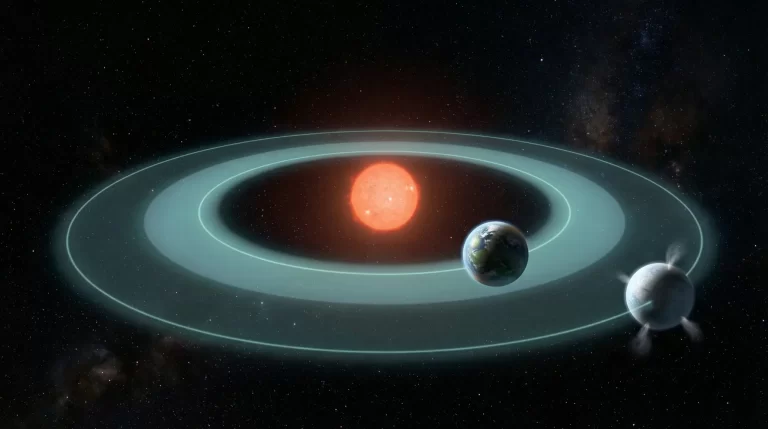 Ilustracija nastanjive zone oko crvene patuljaste zvijezde s planetima, uključujući plimno zaključani planet s mogućom tekućom vodom na noćnoj strani.