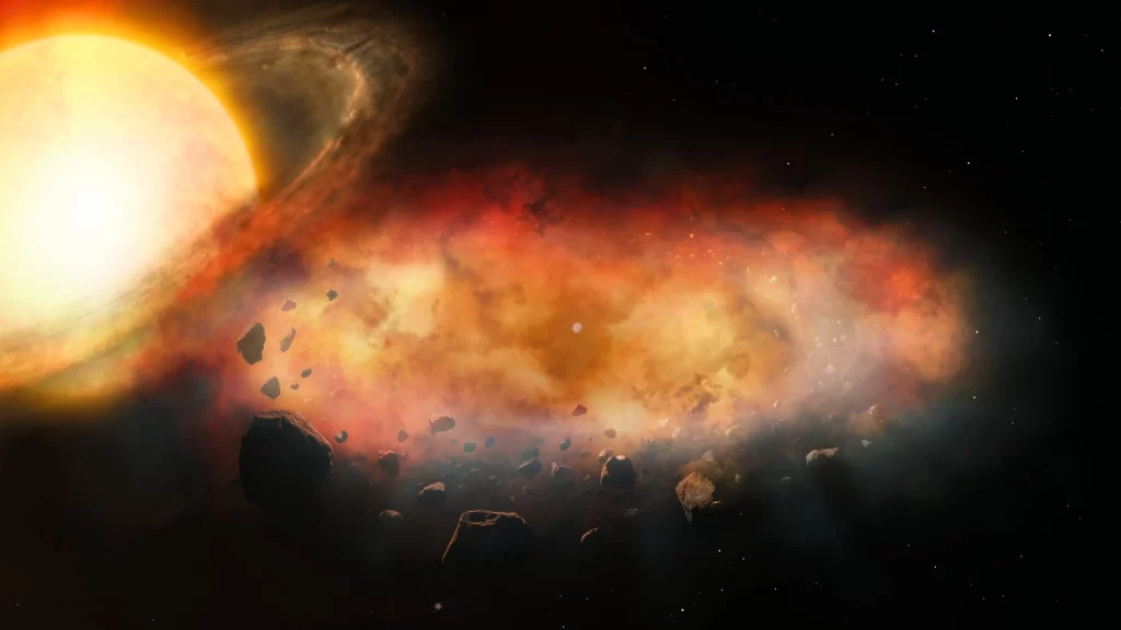 Umjetnička ilustracija prikazuje disk planetarnog materijala i oblak prašine i plina koji prolaze ispred zvijezde. Astronomi su instrumentom GHOST na teleskopu Gemini South izmjerili gibanje plina unutar oblaka, prvi put za disk koji kruži oko sekundarnog objekta poput planeta ili zvijezde male mase. Opažanje otvara rijedak pogled na procese koji mogu mijenjati planetarne sustave i dugo nakon njihova nastanka. Zasluge: International Gemini Observatory/NOIRLab/NSF/AURA/P. Marenfeld & M. Zamani