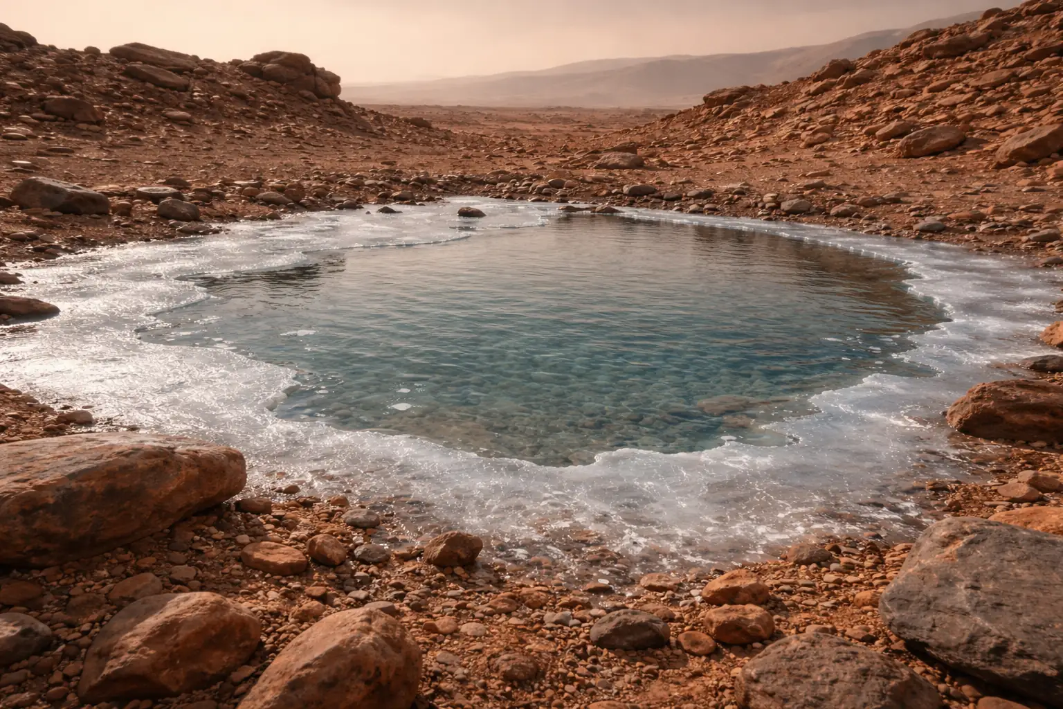 Ilustracija malog smrznutog jezera na drevnom Marsu, prema klimatskim modelima koji upućuju na dugotrajnu tekuću vodu ispod tankog sezonskog leda. Ilustracija: kozmos.hr.