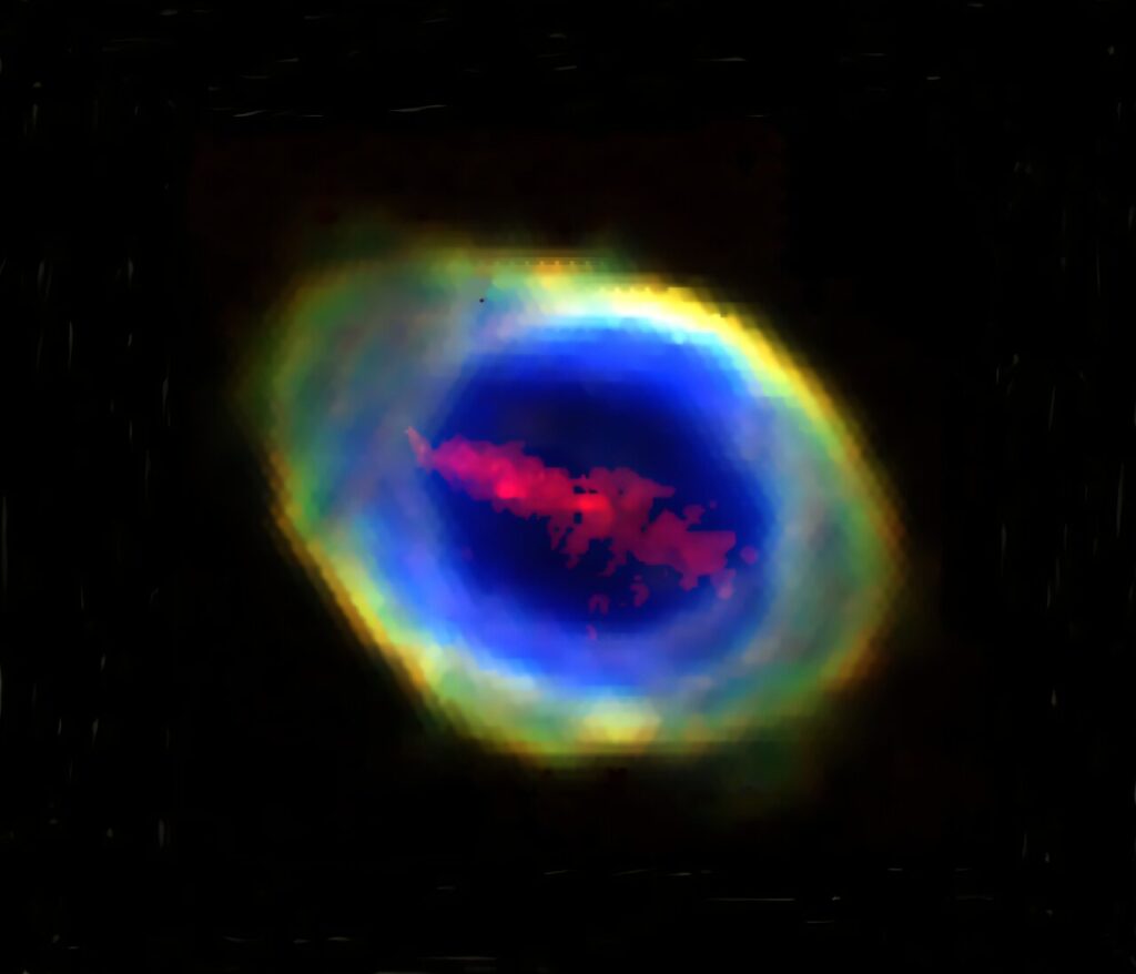 Kompozitna RGB slika Maglice Prsten (poznate i kao Messier 57 i NGC 6720) sastavljena iz četiri WEAVE/LIFU snimke u emisijskim linijama. Sjajni vanjski prsten čini svjetlost koju emitiraju tri različita iona kisika, dok je “šipka” kroz sredinu posljedica svjetlosti koju emitira plazma četverostruko ioniziranih atoma željeza. Na slici je sjever gore, a istok lijevo. Zasluge: University College London