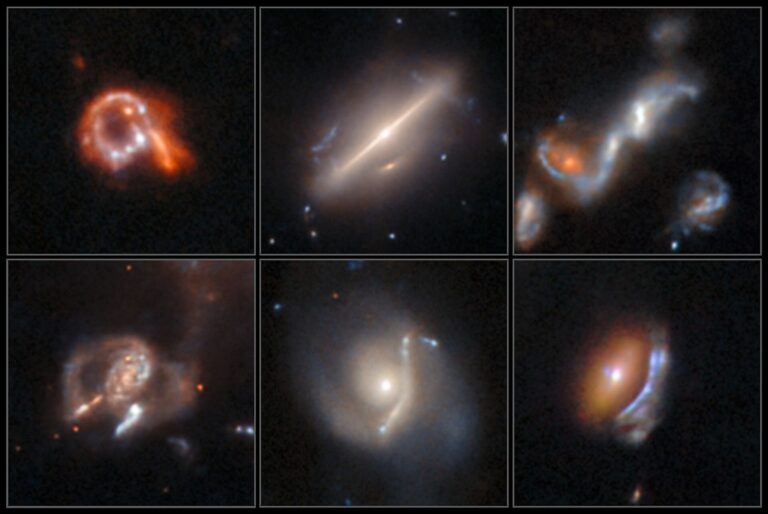 Šest dosad neotkrivenih, neobičnih i vrlo zanimljivih astrofizičkih objekata prikazano je na ovoj novoj snimci NASA-ina svemirskog teleskopa Hubble. Među njima su tri gravitacijske leće s lukovima iskrivljenim djelovanjem gravitacije, jedna galaktička interakcija, jedna prstenasta galaksija i jedna galaksija koja se nije mogla uklopiti ni u jednu postojeću klasifikaciju. Zasluge: NASA, ESA, David O'Ryan (ESA), Pablo Gómez (ESA), Mahdi Zamani (ESA/Hubble)