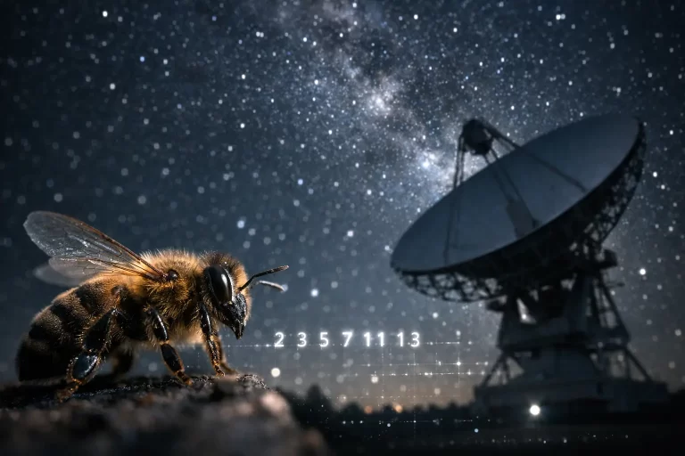 Makro fotografija pčele u prvom planu, s radioteleskopom i zvjezdanim nebom u pozadini, koja simbolizira ideju matematike kao mogućeg univerzalnog jezika za komunikaciju s izvanzemaljskom inteligencijom.