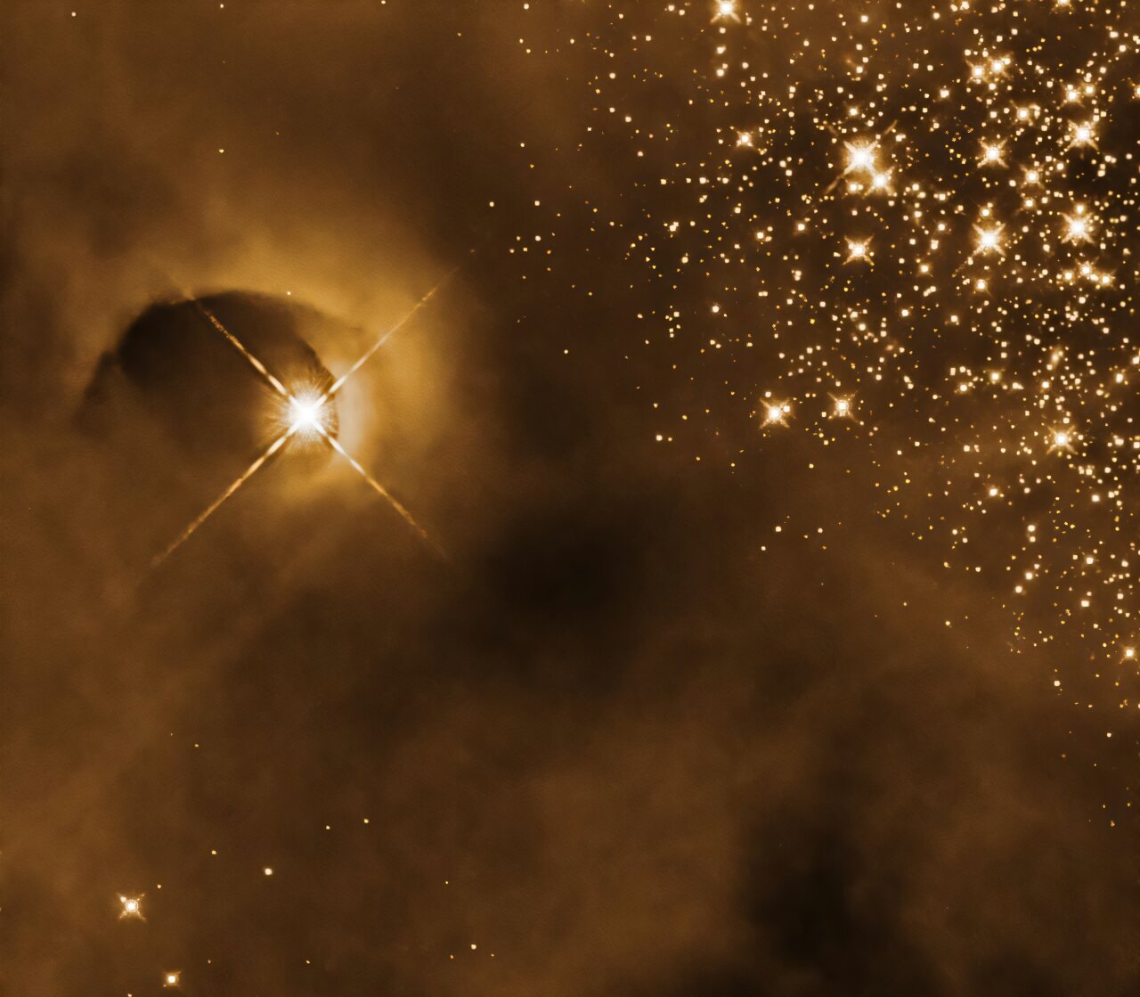 Ova snimka svemirskog teleskopa Hubble prikazuje protozvijezdu i veliku šupljinu koju je izdubila u okolnom plinu u kompleksu Molekularnog oblaka Orion. U pozadini se desno vide rasute zvijezde. Izvor: NASA, ESA i T. Megeath (Sveučilište u Toledu); obrada: Gladys Kober (NASA/Katoličko sveučilište Amerike)