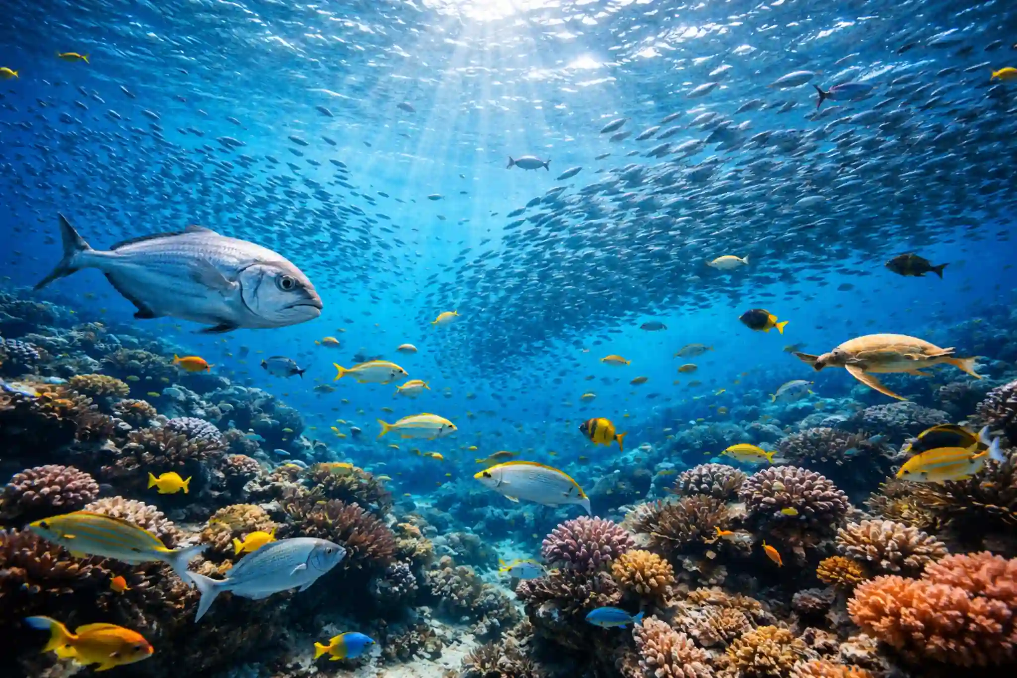 Hiperrealističan podvodni prizor oceana s gustim jatom riba iznad koraljnog grebena, uz sunčeve zrake koje se lome kroz površinu.