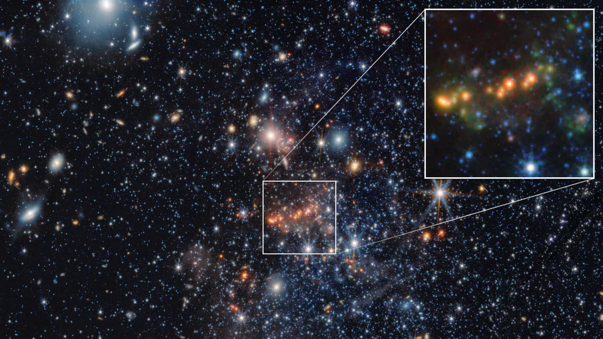 Galaksija Sextans A s umetnutim prikazom prašnjavih područja s organskim molekulama označenim zelenom bojom. Izvor slike: NASA, ESA, CSA, Elizabeth Tarantino (STScI), Martha Boyer (STScI), Julia Roman-Duval (STScI); obrada slike: Alyssa Pagan (STScI)