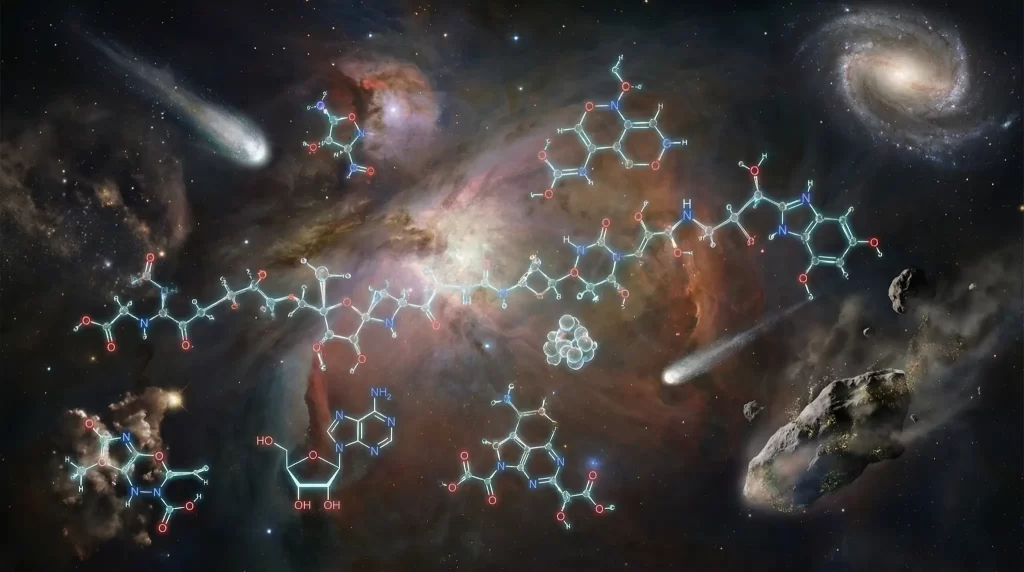 Svemirska scena s maglicom, zvijezdama i spiralnom galaksijom, preko koje su prikazane kemijske strukture molekula; vide se i kometi te asteroidi.