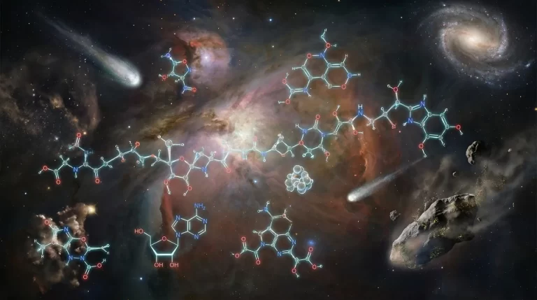 Svemirska scena s maglicom, zvijezdama i spiralnom galaksijom, preko koje su prikazane kemijske strukture molekula; vide se i kometi te asteroidi.