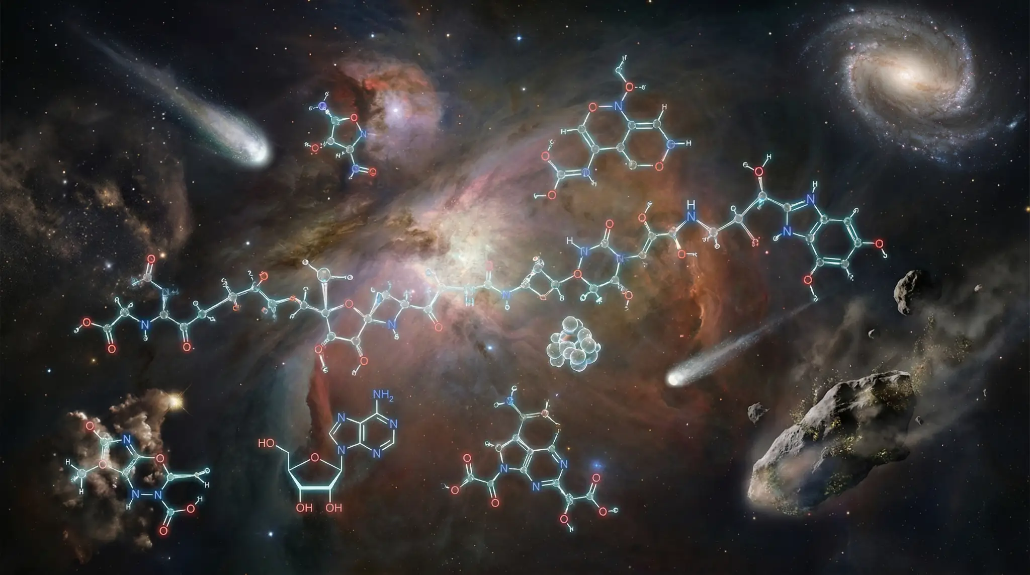 Svemirska scena s maglicom, zvijezdama i spiralnom galaksijom, preko koje su prikazane kemijske strukture molekula; vide se i kometi te asteroidi.