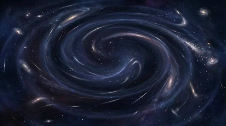 Apstraktni prikaz galaksija i zvjezdanih tragova u spiralnom vrtlogu koji simbolizira gravitacijsku pozadinu.