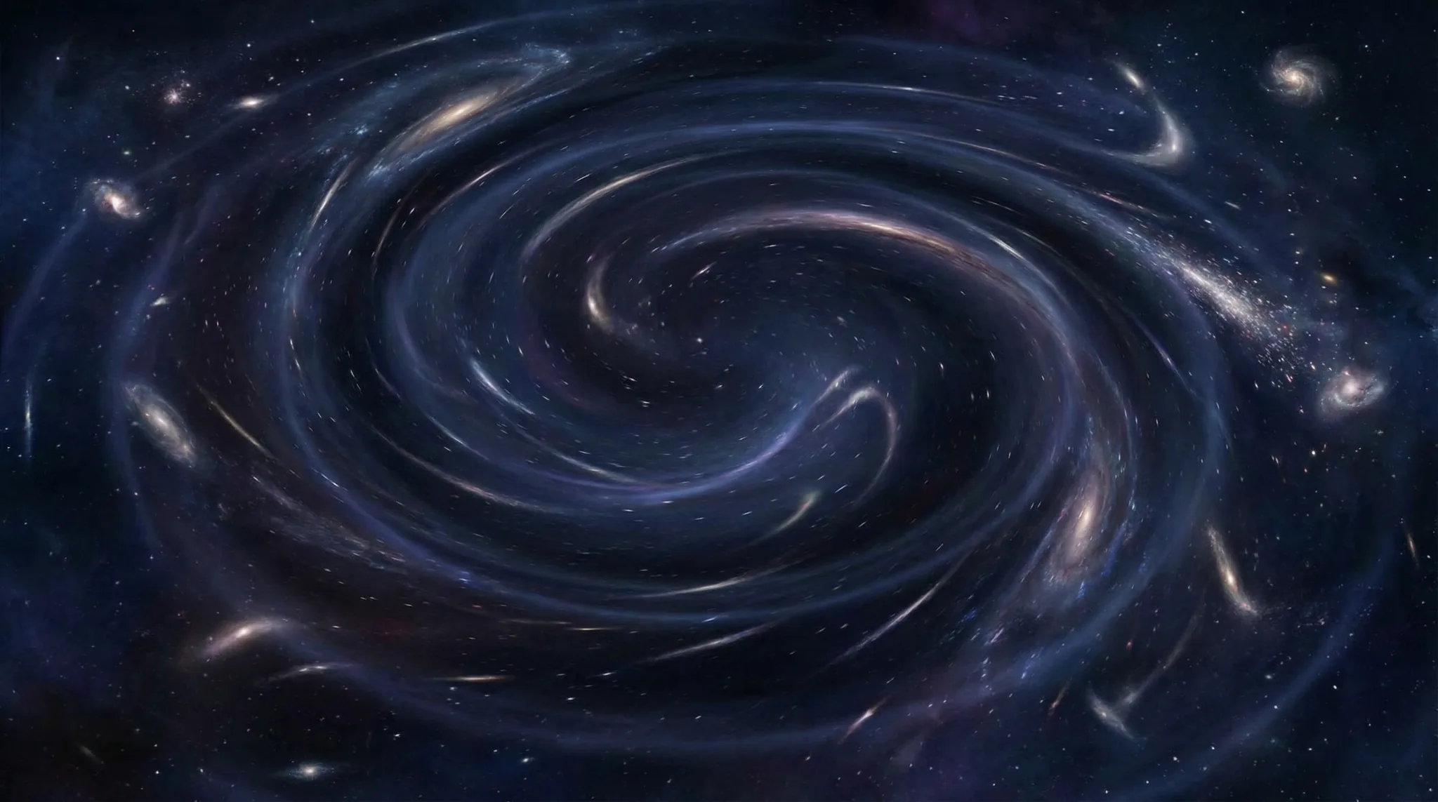 Apstraktni prikaz galaksija i zvjezdanih tragova u spiralnom vrtlogu koji simbolizira gravitacijsku pozadinu.
