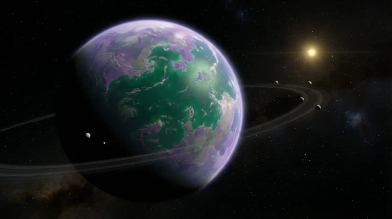 Ilustracija egzoplaneta sa zelenkastim oceanima i ljubičastim kopnom u zvjezdanom okruženju, s vidljivim prstenom i nekoliko prirodnih satelita. Zasluge: Kozmoshr.