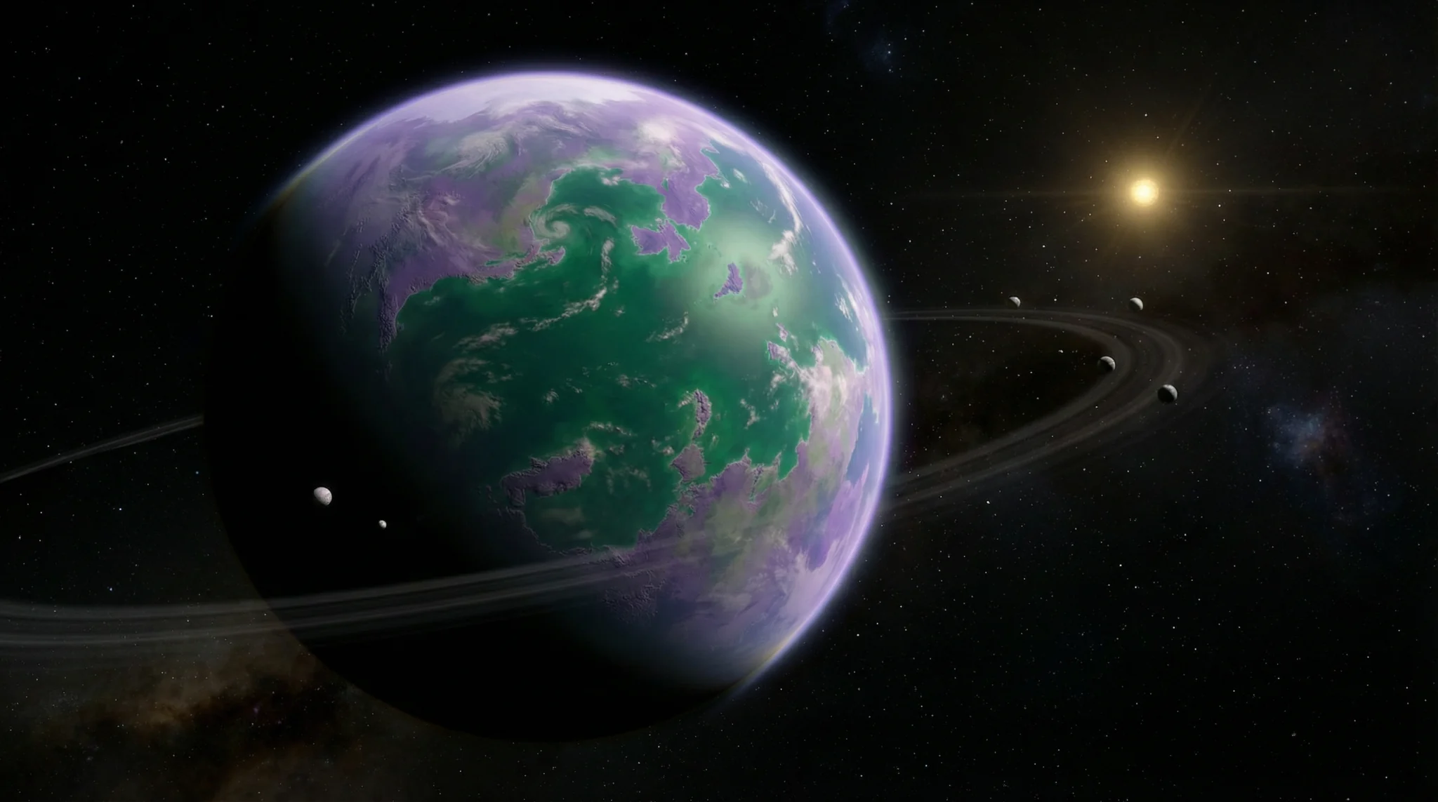 Ilustracija egzoplaneta sa zelenkastim oceanima i ljubičastim kopnom u zvjezdanom okruženju, s vidljivim prstenom i nekoliko prirodnih satelita. Zasluge: Kozmoshr.