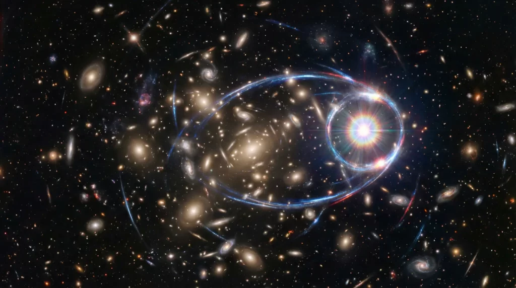 Umjetnički prikaz gravitacijskog lećenja u dubokom svemiru. Kredit: Kozmos.hr
