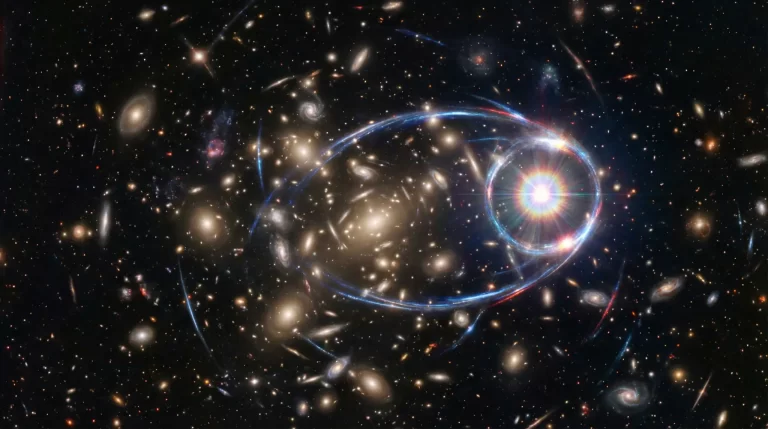 Umjetnički prikaz gravitacijskog lećenja u dubokom svemiru. Kredit: Kozmos.hr
