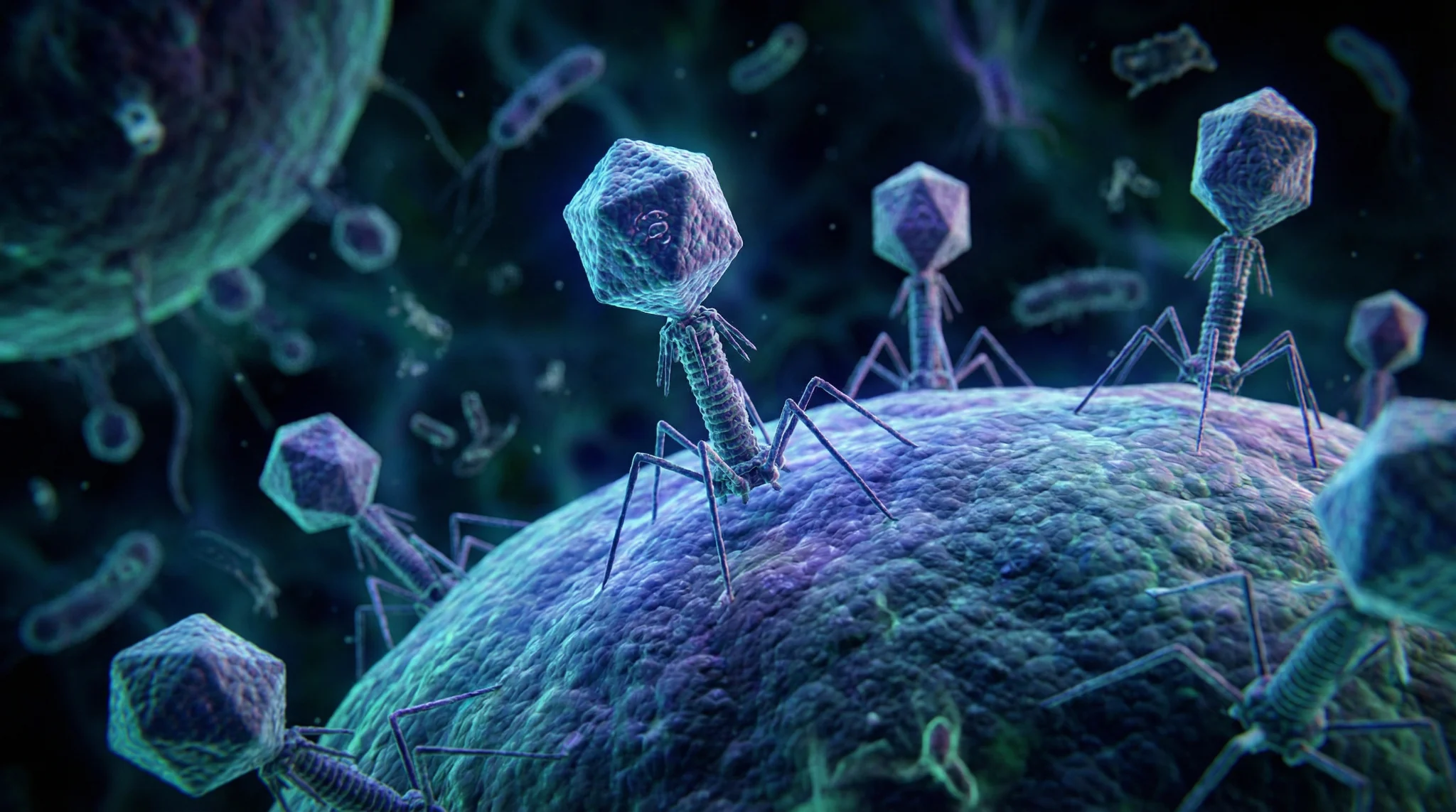 Ilustracija bakteriofaga koji se pričvršćuju na površinu bakterijske stanice u mikroskopskom okruženju.