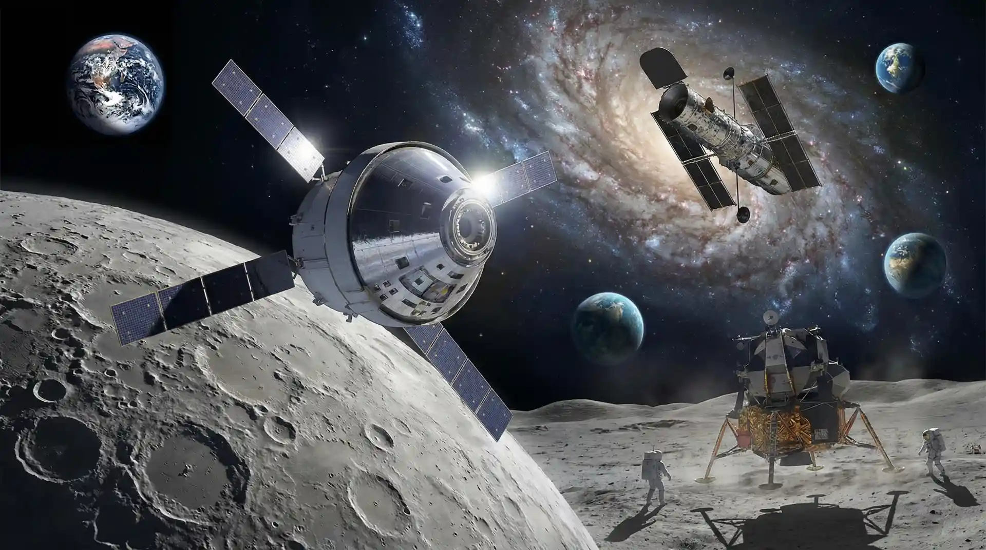 Ilustracija svemirskih misija iznad Mjeseca: letjelica u orbiti, teleskop u svemiru te lender i astronauti na mjesečevoj površini, uz Zemlju u pozadini.