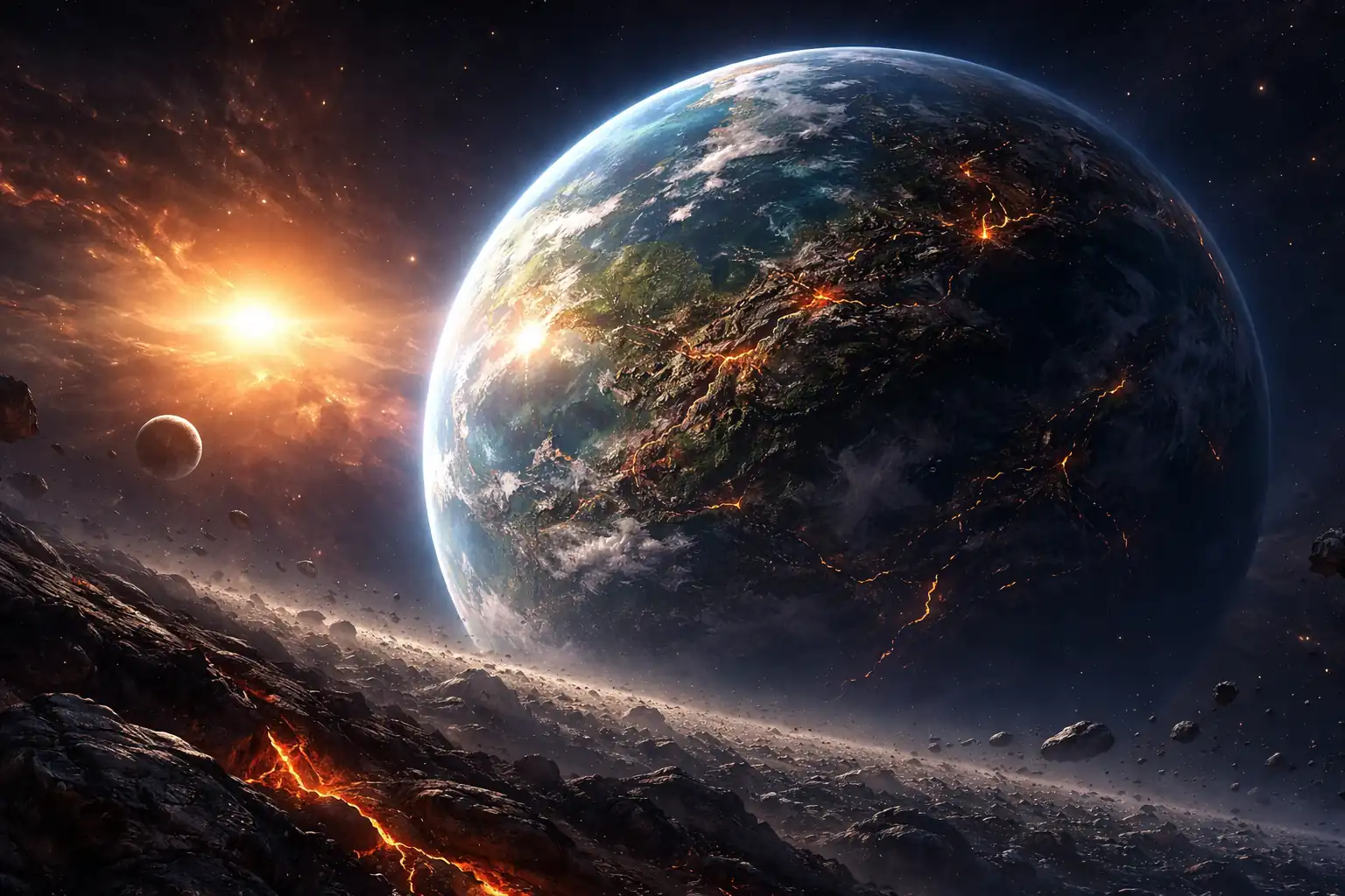 Hiperrealističan prikaz mlade super-Zemlje u udaljenom zvjezdanom sustavu, s užarenim tokovima lave i svijetlim zvjezdanim izvorom u pozadini, uz obližnji mjesec i raspršene asteroide.
