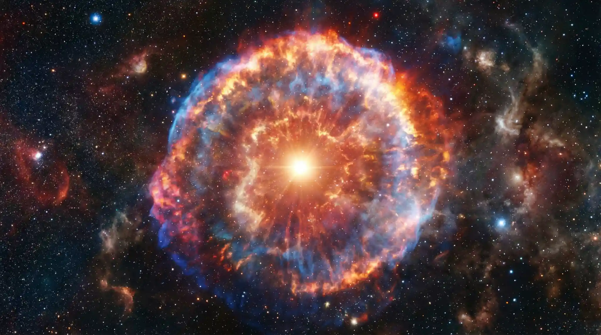 Sjajna eksplozija supernove u središtu, okružena šarenim prstenovima užarenog plina i prašine na pozadini zvjezdanog polja.