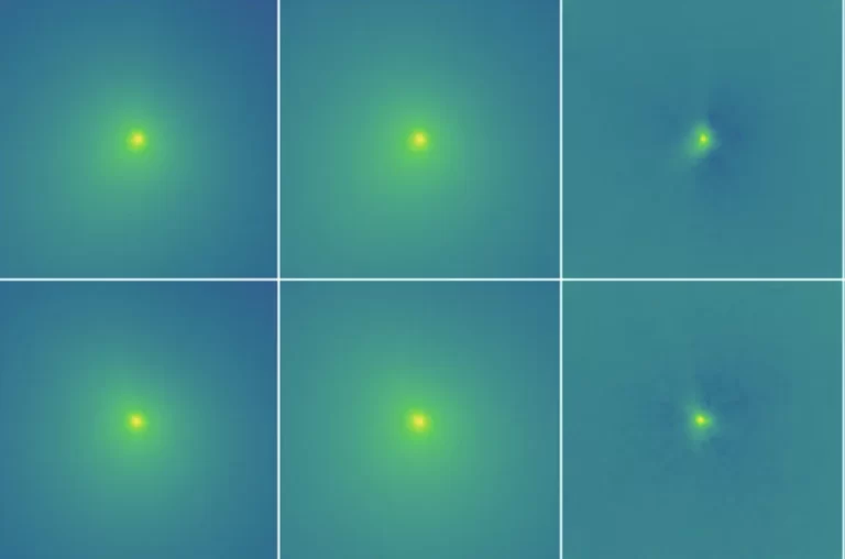 Obrada podataka s teleskopa Hubble: Lijevi stupac prikazuje originalne snimke objekta 3I/ATLAS, srednji stupac prikazuje računalni model kome, dok desni stupac otkriva samu jezgru objekta koja postaje vidljiva nakon što se model kome oduzme od originalne snimke. (Izvor: Man-To Hui i sur., 2026.)