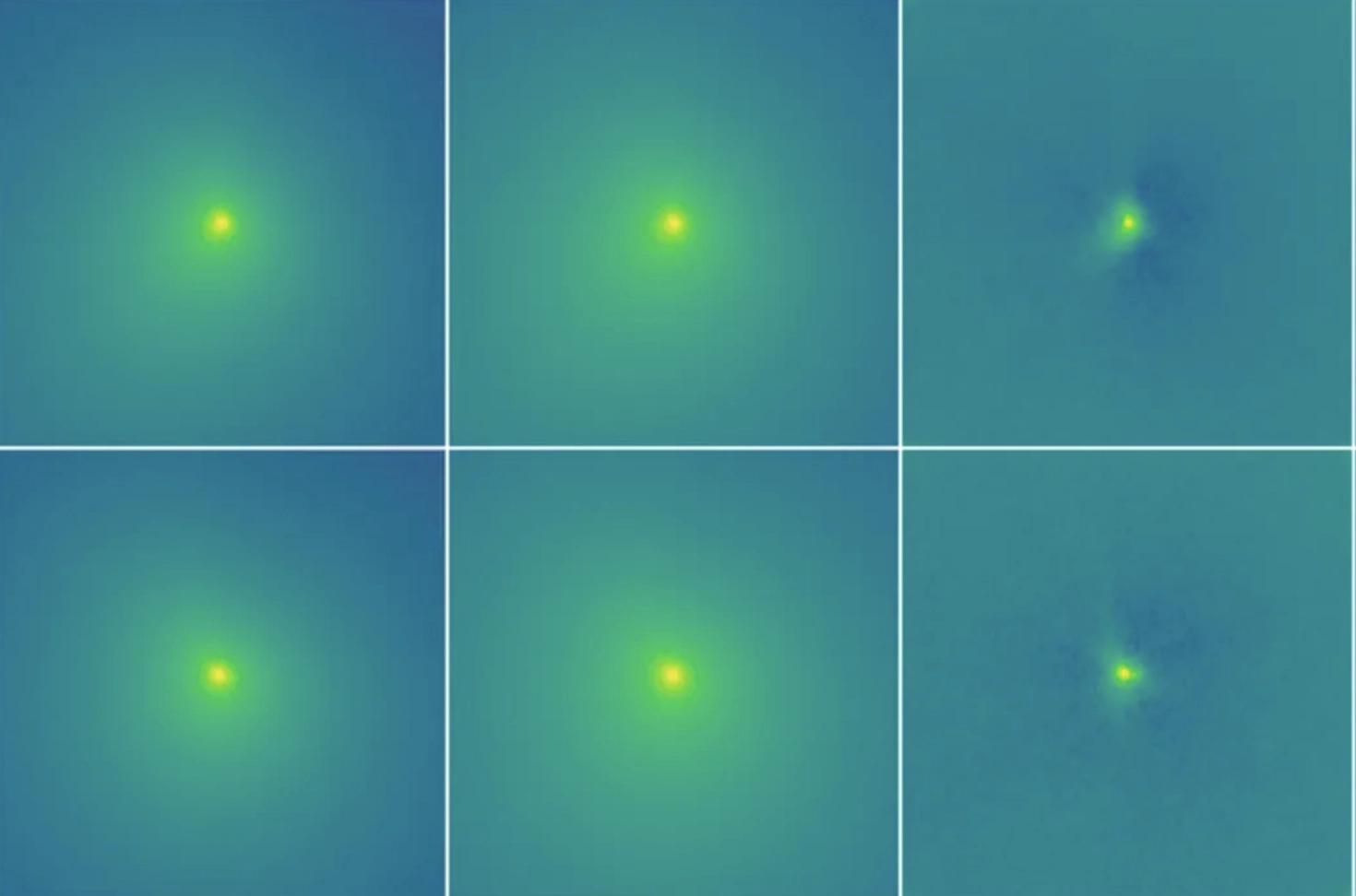 Obrada podataka s teleskopa Hubble: Lijevi stupac prikazuje originalne snimke objekta 3I/ATLAS, srednji stupac prikazuje računalni model kome, dok desni stupac otkriva samu jezgru objekta koja postaje vidljiva nakon što se model kome oduzme od originalne snimke. (Izvor: Man-To Hui i sur., 2026.)