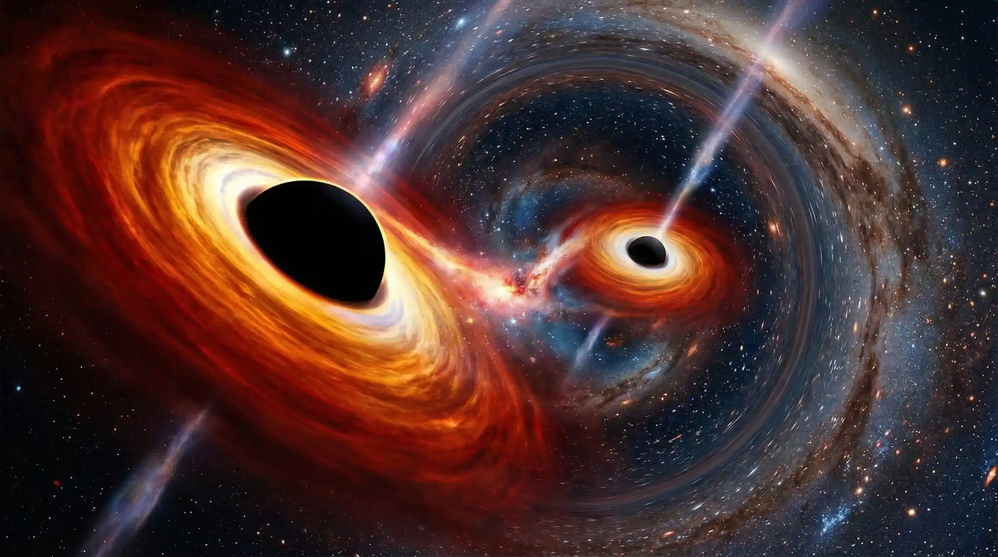 Ilustracija binarne supermasivne crne rupe.