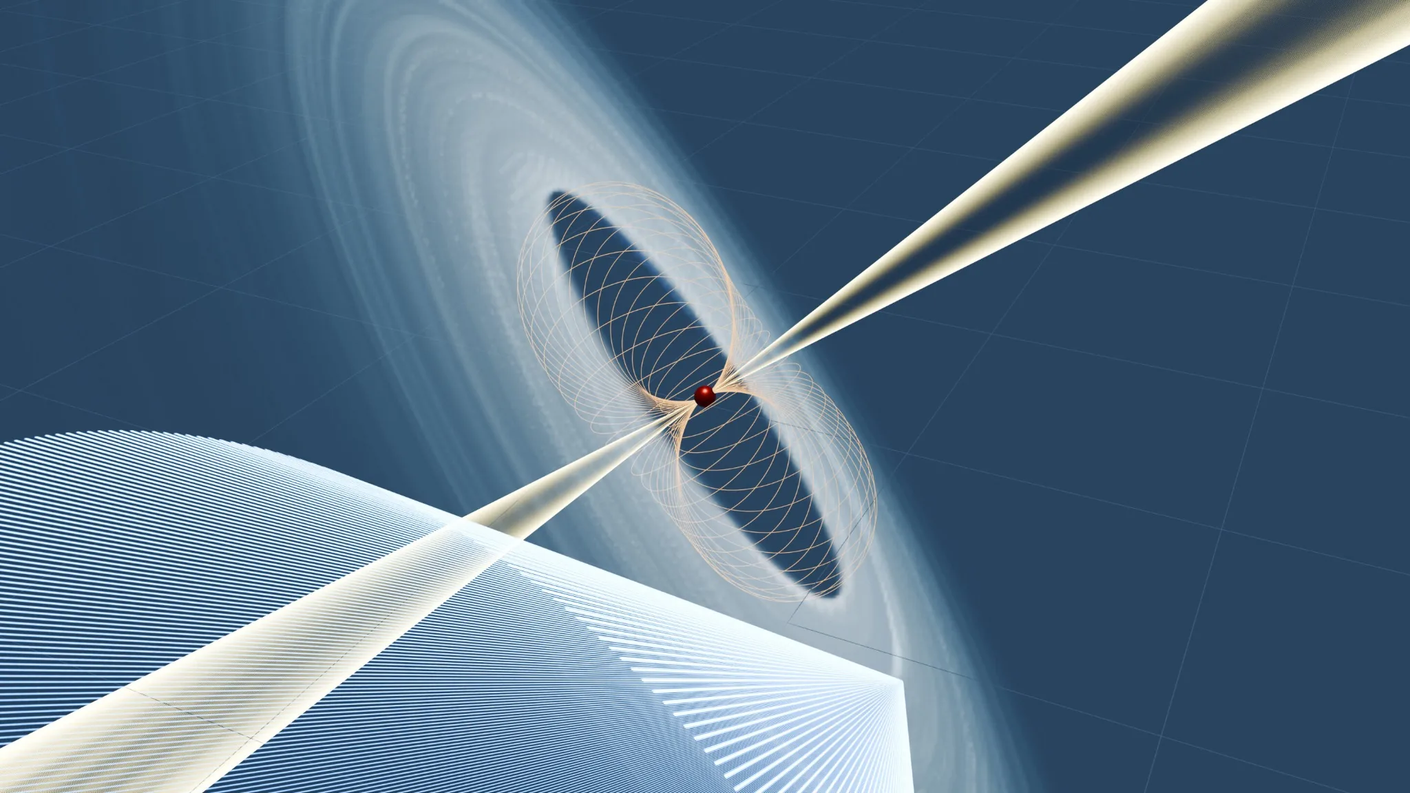 Ilustracija prikazuje pulsar (crvena kugla) i njegovo snažno magnetsko polje (žute linije). Kako se ostatak zvijezde okreće, uski snopovi radio valova (stošci) prelaze preko neba i promatračima na Zemlji postaju uočljivi kao pravilni signali. Zasluge: MPIfR