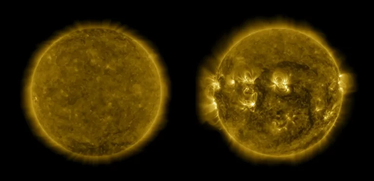 Sunce u ultraljubičastom zračenju, kako ga je snimio NASA-in Solar Dynamics Observatory, u dva razdoblja: tijekom nedavnog solarnog minimuma oko 2019. te tijekom solarnog maksimuma koji mu je prethodio, kada je Sunce bilo znatno aktivnije. Zasluge: NASA/SDO/Joy Ng