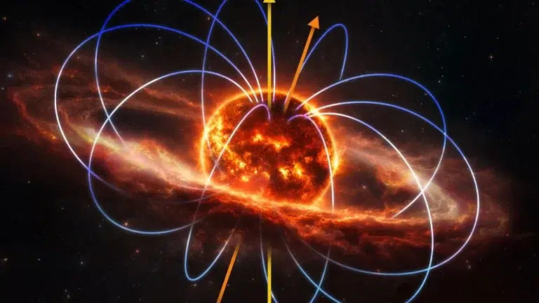 Umjetnički prikaz svemirskog vremena oko zvijezde tipa M TIC 141146667, s prikazanim linijama magnetskog polja. Zasluge: Navid Marvi, ustupljeno Carnegie Science.