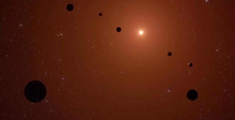 Umjetnički prikaz sustava TRAPPIST-1. Zasluge: NASA, ESA, CSA, Joseph Olmsted (STScI)