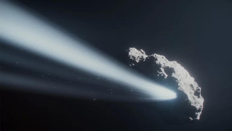 Ovaj umjetnički prikaz prikazuje komet 41P, mali komet iz Jupiterove obitelji, u trenutku kada se približava Suncu, a smrznuti plinovi počinju sublimirati i izbacivati materijal u svemir. Znanstvenici koji su analizirali opažanja NASA-ina svemirskog teleskopa Hubble otkrili su da su ti mlazovi usporili vrtnju kometa, a zatim ga počeli okretati u suprotnom smjeru. Zasluge: ilustracija: NASA, ESA, CSA, Ralf Crawford (STScI)