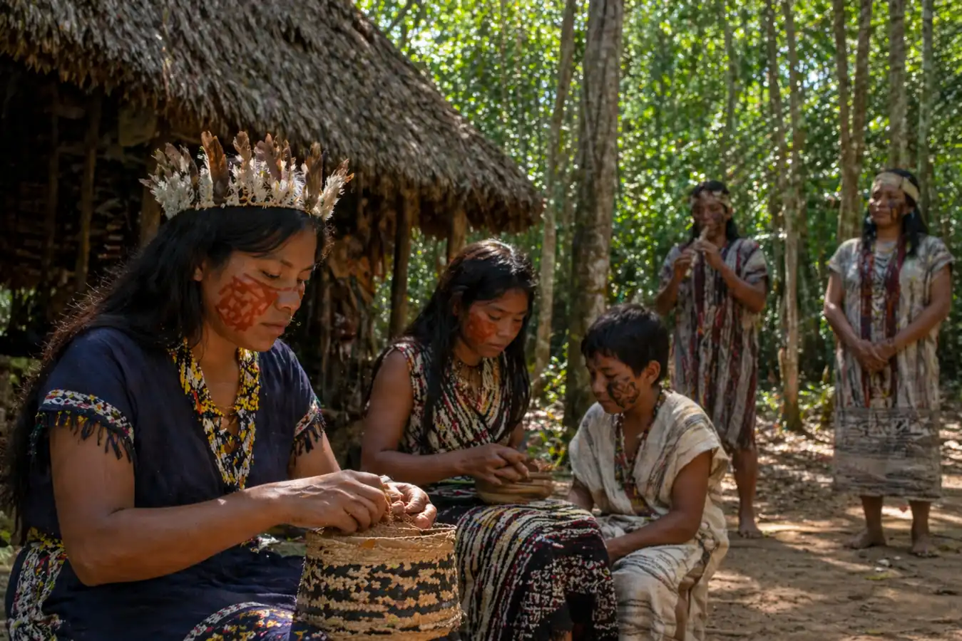 Članovi zajednice Guarani sjede i izrađuju rukotvorine ispred tradicionalne kolibe u tropskoj šumi, okruženi gustom vegetacijom.
