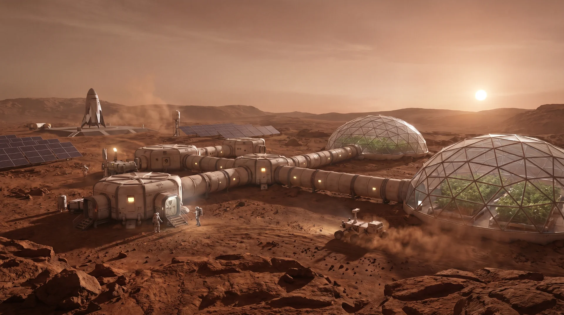 Ilustracija buduće marsovske postaje koja bi mogla koristiti lokalne resurse za energiju, gorivo i održavanje života. Ilustracija: Kozmos.hr