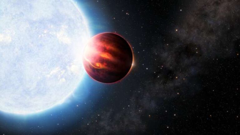 Ova ilustracija prikazuje ultravrući Jupiter u orbiti oko plavo-bijele zvijezde tipa A. Zasluge: Međunarodni opservatorij Gemini / NOIRLab / NSF / AURA / J. Pollard