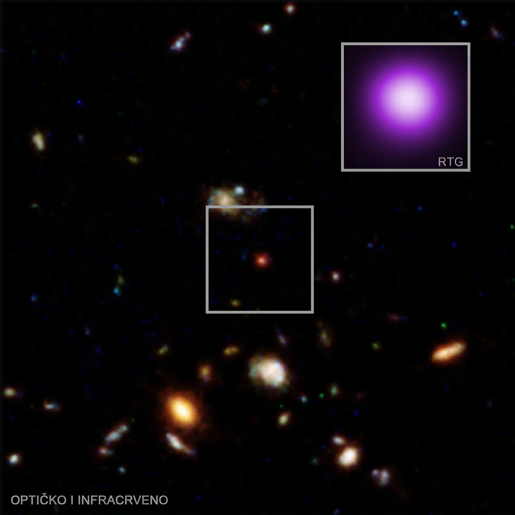 Rendgenska točka, 3DHST-AEGIS-12014.Zasluge: rendgensko zračenje: NASA/CXC/Institut Max Planck/R. Hviding i sur.; optičko/infracrveno: NASA/ESA/STScI/HST; obrada slike: NASA/CXC/SAO/N. Wolk.