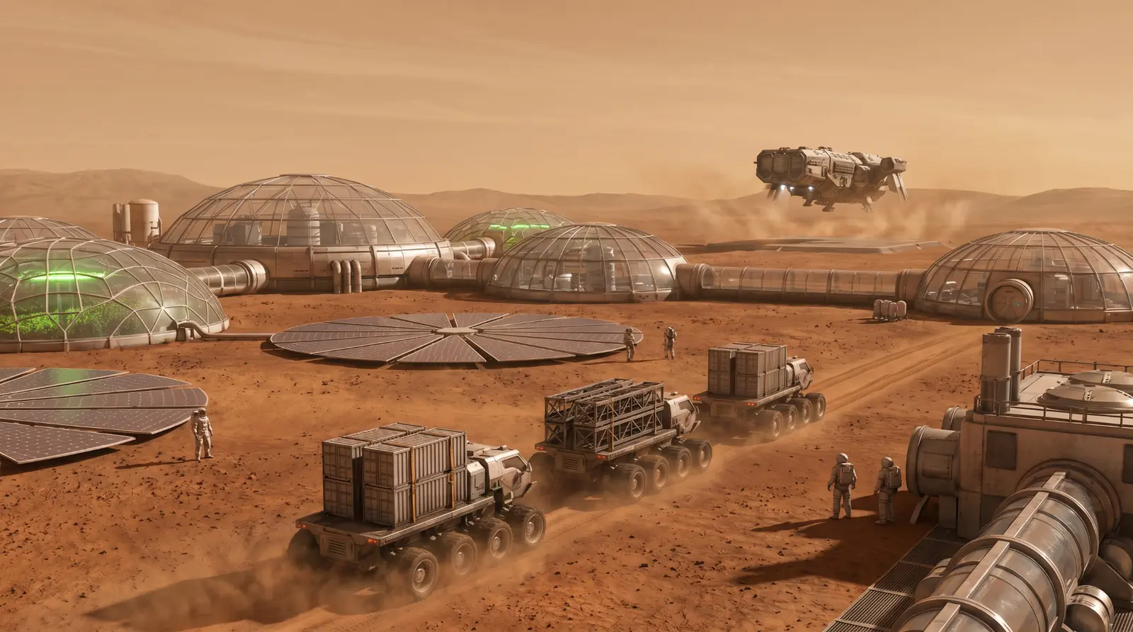 Umjetnički prikaz budućeg naselja na Marsu, s nastanjivim modulima, solarnim poljima, roverima za prijevoz tereta i letjelicom koja slijeće iznad prašnjave marsovske površine.