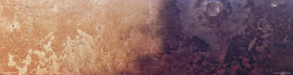 Primjetne promjene na Marsu obično traju milijunima godina, no europska sonda Mars Express zabilježila je širenje tamnog sloja pepela preko površine planeta u razdoblju od svega nekoliko desetljeća. Snimka prikazuje krajolik podijeljen na dva dijela: svijetli, tipični žućkastosmeđi teren Marsa oštro se susreće s tamnim naslagama vulkanskog pepela. Kada su ovo područje 1976. snimili NASA-ini orbiteri Viking, tamni sloj bio je znatno manje rasprostranjen nego danas. No ova snimka ne pokazuje samo razlike u boji. Na nju su dodane oznake koje ističu ključne oblike reljefa i područja od posebnog interesa. Zasluge: ESA/DLR/FU Berlin
