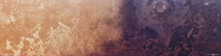Primjetne promjene na Marsu obično traju milijunima godina, no europska sonda Mars Express zabilježila je širenje tamnog sloja pepela preko površine planeta u razdoblju od svega nekoliko desetljeća. Snimka prikazuje krajolik podijeljen na dva dijela: svijetli, tipični žućkastosmeđi teren Marsa oštro se susreće s tamnim naslagama vulkanskog pepela. Kada su ovo područje 1976. snimili NASA-ini orbiteri Viking, tamni sloj bio je znatno manje rasprostranjen nego danas. No ova snimka ne pokazuje samo razlike u boji. Na nju su dodane oznake koje ističu ključne oblike reljefa i područja od posebnog interesa. Zasluge: ESA/DLR/FU Berlin