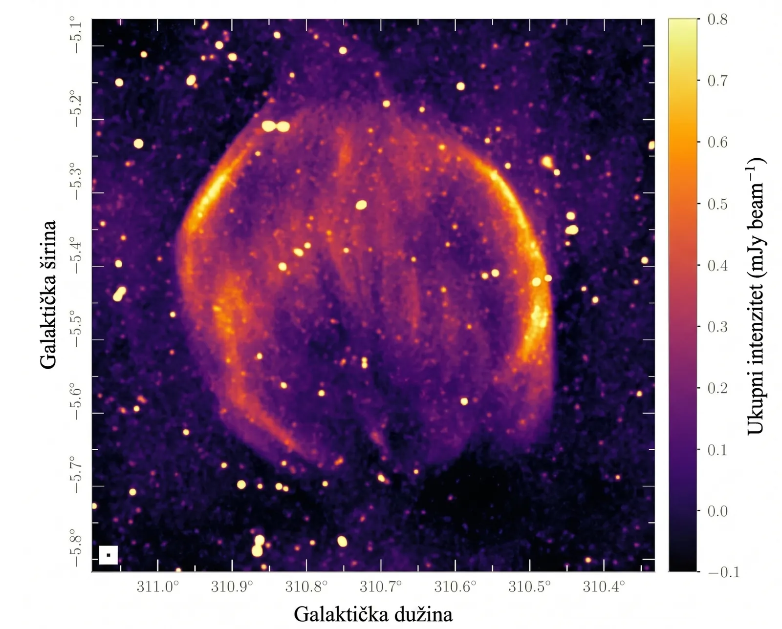ASKAP-ova slika ukupnog intenziteta ostatka supernove Abeona (G310.7–5.4) na frekvenciji od 943,5 MHz.Izvor: arXiv (2026). DOI: 10.48550/arxiv.2604.19897