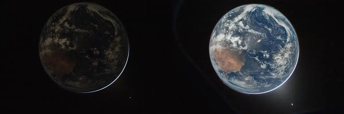 Usporedba fotografija Night Marble i Hello, World... Venera u donjem desnom dijelu kadra i zodijačka svjetlost uz nju jasnije se vide na snimci s duljom ekspozicijom.Zasluge za sliku: NASA