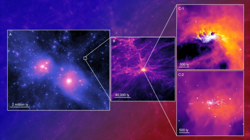 Karta tamne tvari u našem dijelu svemira. Dva najveća zgušnjenja predstavljaju haloe tamne tvari Mliječne staze i galaksije Andromeda; (B) uvećani prikaz karte tamne tvari, s malim nakupinama tamne tvari oko 700 milijuna godina nakon Velikog praska; (C-1 i C-2) zvijezde i plin u simuliranoj ultra-slaboj patuljastoj galaksiji, nastaloj u središtu malog haloa tamne tvari prikazanog u panelu B. Dva panela prikazuju različite razine zračenja nedugo nakon Velikog praska te pokazuju kako se svojstva ultra-slabih patuljastih galaksija mijenjaju ovisno o tim uvjetima. Mjerilo na svakoj slici izraženo je u svjetlosnim godinama. Zasluge: J. Sureda / A. Fattahi / S. Brown / S. Avraham